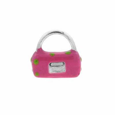 Sterling Silver Enamel Pink with Green Polka Dots Hand Bag Purse Charm
