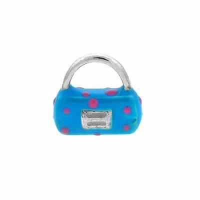 Sterling Silver Enamel Light Blue with Pink Polka Dots Hand Bag Purse Charm