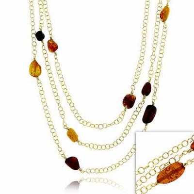 18K Gold over Sterling Silver Amber Three Strand Necklace