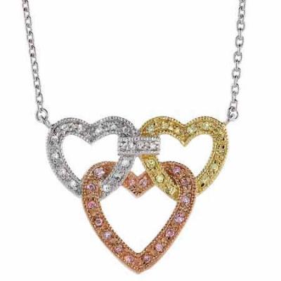 Sterling Silver Tri Color CZ Triple Intertwining Heart Necklace