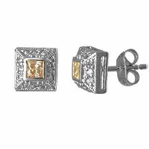 Sterling Silver Champagne with Simulated Diamond CZ border Square Post Earrings