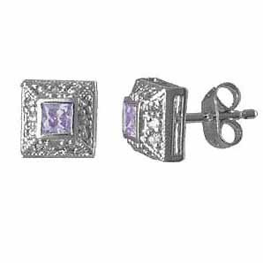 Sterling Silver Lavender Cubic Zirconia (CZ) and Simulated Diamond CZ border Square Post Earrings