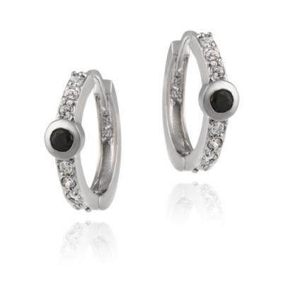 Sterling Silver Black Genuine Sapphire and Simulated Diamond CZ Hoop Earrings