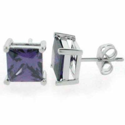 Sterling Silver Amethyst CZ Square Stud Earrings