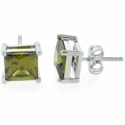 Sterling Silver Olive Green CZ Square Stud Earrings
