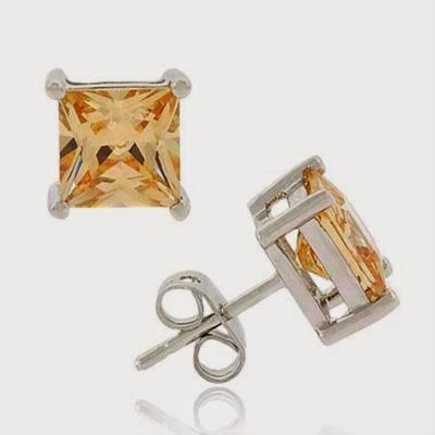 Sterling Silver Champagne CZ Square Stud Earrings