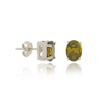 Sterling Silver Olive Green CZ Mini Oval Stud Earrings