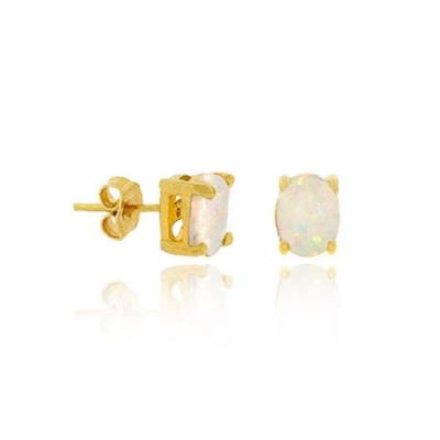 18K Gold over Sterling Silver Created White Opal 6x4mm Stud Earrings