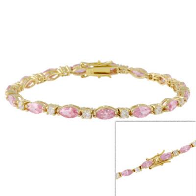 18K Gold over Silver Silver Pink & Clear CZ Marquise & Round Tennis Bracelet