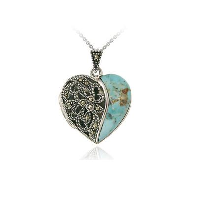 Sterling Silver Marcasite & Reconstituted Turquoise Heart Pendant