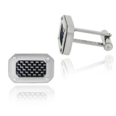 Stainless Steel and Black Carbon Fiber Rectangle Mens Cufflinks