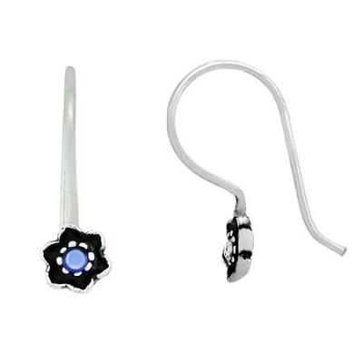 Sterling Silver Blue Rhinestone Flower Small Drop Earrings