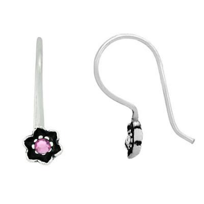 Sterling Silver Pink Rhinestone & Flower Small Drop Earrings