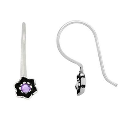 Sterling Silver Purple Rhinestone Flower Drop Earrings