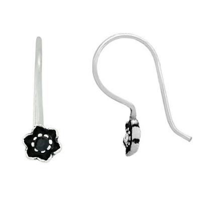 Sterling Silver  Black Rhinestone Mini Flower Dangle Earrings