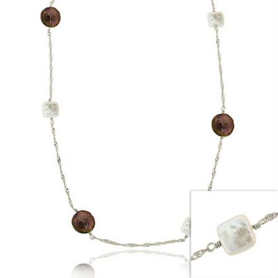 Sterling Silver .925 Black & White Genuine Freshwater Cultured Coin Pearl Round & Square D-cut Twist Chain Long Dangle Necklace