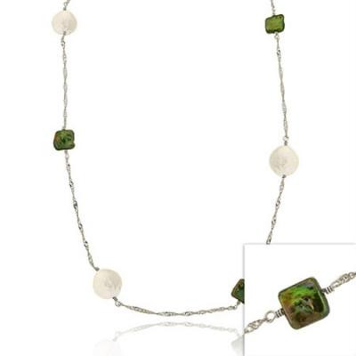 Sterling Silver .925 Green & White Genuine Freshwater Cultured Coin Pearl Round & Square D-cut Twist Chain Long Dangle Necklace