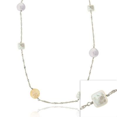 Sterling Silver .925 Pink, Gray & White Genuine Freshwater Cultured Coin Pearl Round & Square D-cut Twist Chain Long Dangle Necklace