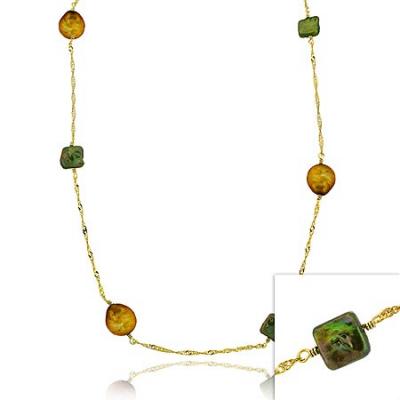 18K Gold over Sterling Silver Freshwater Cultured Green & Champagne Coin Pearl Chain Necklace