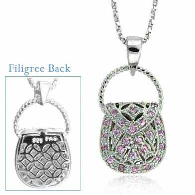 Sterling Silver Pink Diamond Cubic Zirconia Filigree Purse Pendant