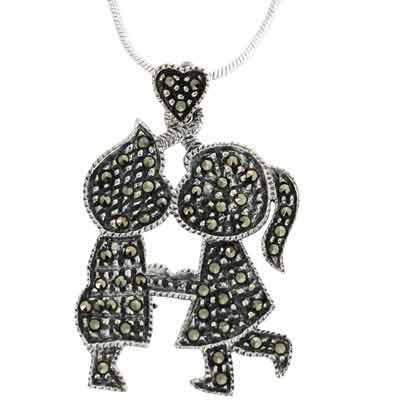 Sterling Silver Marcasite Girl Boy Heart Love Pendant