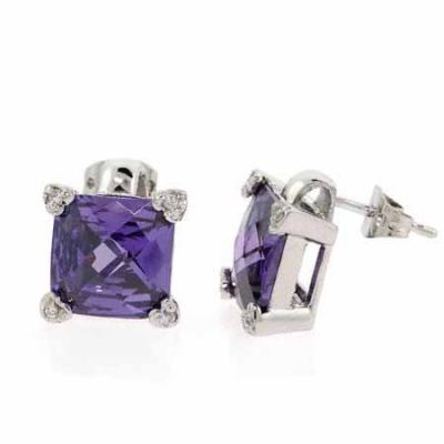 Sterling Silver Simulated Diamond and Amethyst cz Square Heart Earrings