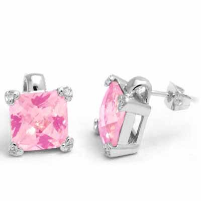 Sterling Silver Pink & White CZ Square Stud Earrings