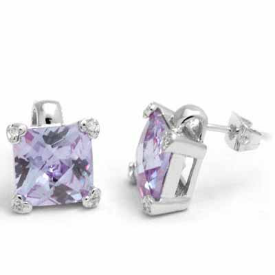 Sterling Silver Lavender CZ Square Stud Earrings, 10mm