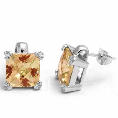 Sterling Silver Champagne CZ Square Stud Earrings