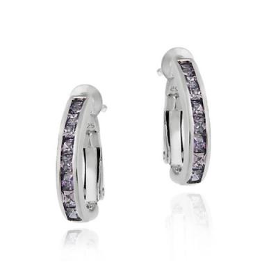 Sterling Silver Channel Set Amethyst CZ Half Hoop Earrings