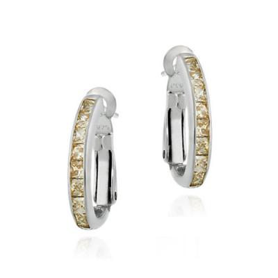 Sterling Silver Champagne CZ Oval Hoop Earrings