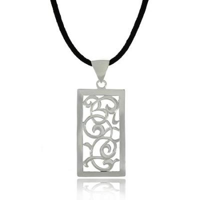 Sterling Silver .925 Vine Design Filigree Rectangle Silk Cord Pendant