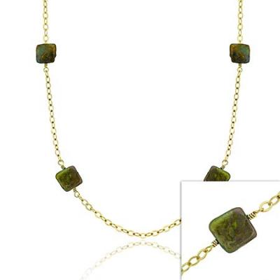 18K Gold over Sterling Silver Green Square Coin Freshwater Cultured Pearl Chain Necklace