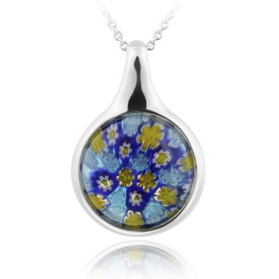 Sterling Silver Blue Millefoiri Glass Round Necklace