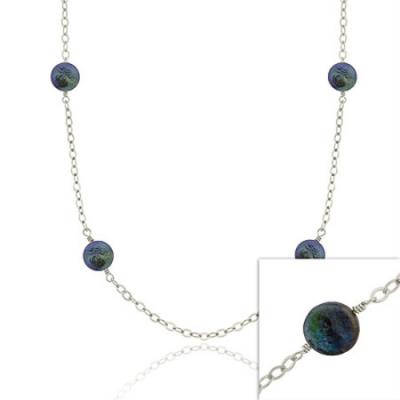 Sterling Silver Iridescent Genuine Freshwater Cultured Round White Coin Pearl leaf link Long Necklace 30'