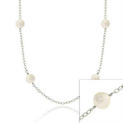 Sterling Silver Iridescent Genuine Freshwater Cultured Round White Coin Pearl leaf link Long Necklace 30'