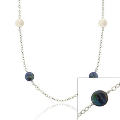 Sterling Silver Iridescent Genuine Freshwater Cultured Round White & Black Coin Pearl leaf link Long Necklace 30'