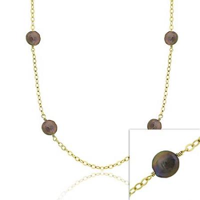 18K Gold over Sterling Silver Freshwater Cultured Green Coin Pearl Chain Necklace, 30 inch
