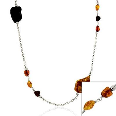 Sterling Silver Genuine Amber Stone Chip Bead Leaf Link Long Necklace 30'