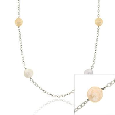 Sterling Silver Iridescent Genuine Freshwater Cultured Round Pink, Gray  & White Coin Pearl leaf link Long Necklace 30'
