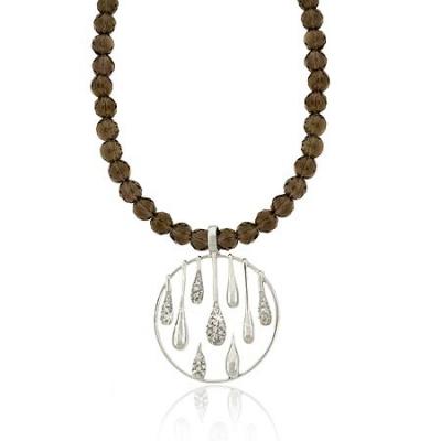 Sterling Silver Faceted Smoky Quartz Beads & CZ Teardrop Circle Necklace