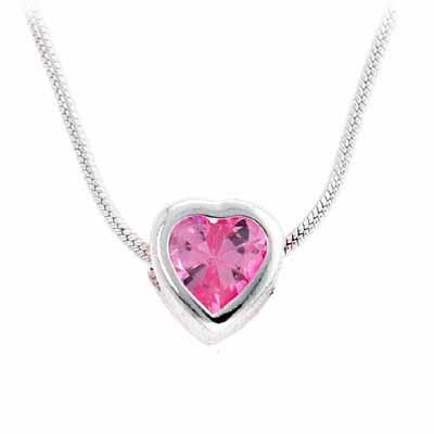 Sterling Silver Pink Cubic Zirconia Bezel set Heart Slide/Pendant