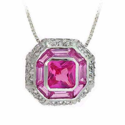 Sterling Silver Modern Octagon Dark Pink cz and Simulated Diamond cz Pendant