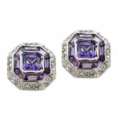 Sterling Silver Amethyst and Colorless CZ Modern Octagon Earrings
