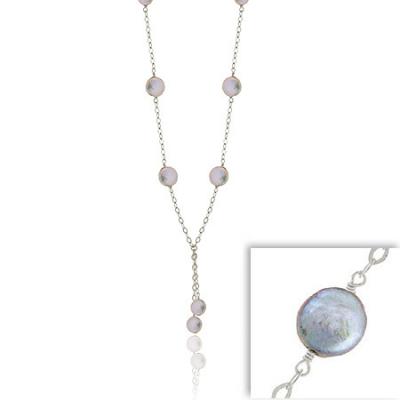Sterling Silver .925 Thin Leaf Link Genuine Freshwater Cultured Iridescent Gray Coin Pearl Lariat Necklace