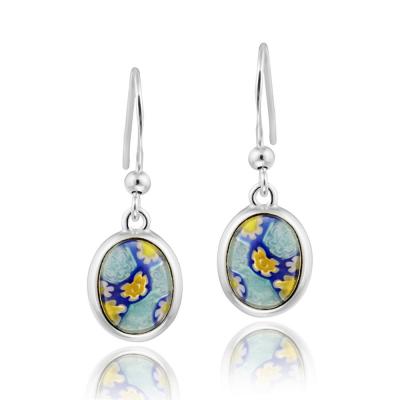Sterling Silver Blue Millefoiri Glass Oval Dangle Earrings