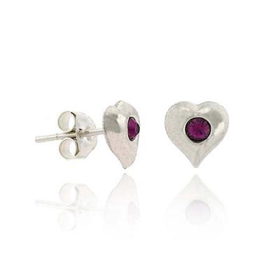 Sterling Silver Purple Rhinestone Heart Stud Childrens Earrings