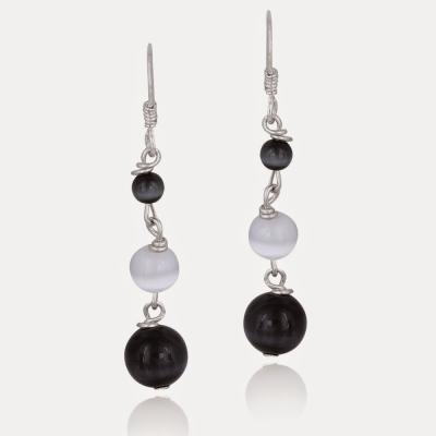 Sterling Silver Black and White Cats Eye Bead Dangle Earrings