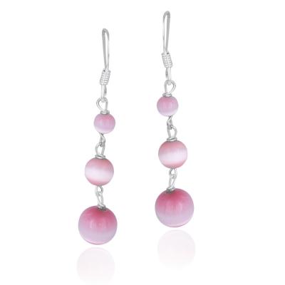 Sterling Silver Pink Cats Eye Bead Dangle Earrings