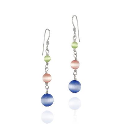 Multi Color Cats Eye and Sterling Silver Dangle Bead Earrings
